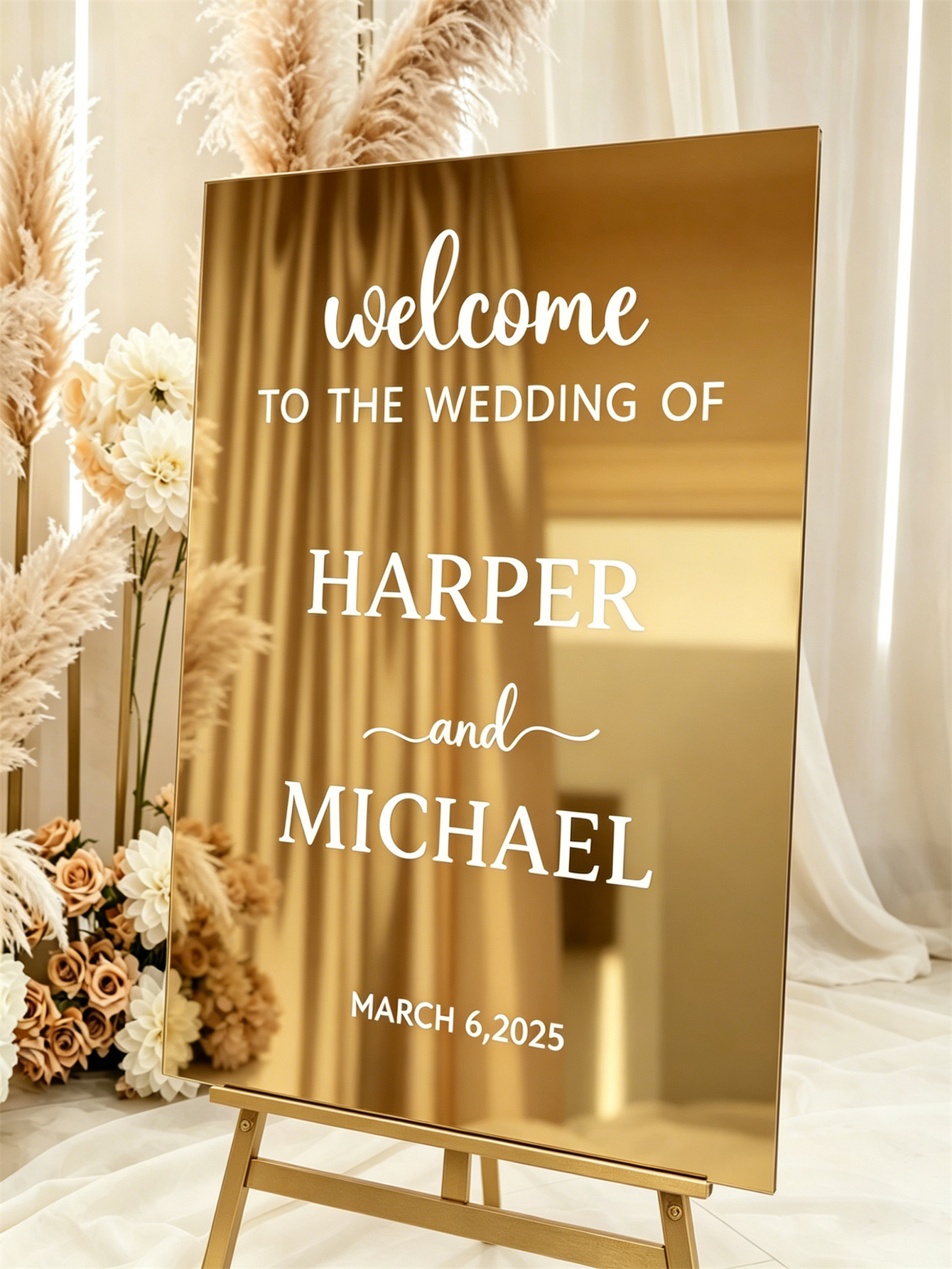 Mirror acrylic welcome signs, golden mirror wedding direction signs, custom wedding direction signs, ceremony welcome signs